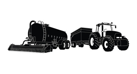 A black silhouette depicts a large tractor pulling agricultural equipment across a white background silhouette high quality professional detailed modern elegant © CreativeAkash099