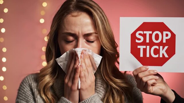 This video shows a woman blowing her nose into a tissue while a person holds a stop tick sign, highlighting the importance of preventing the spread of disease and insects like mosquitos and mites.