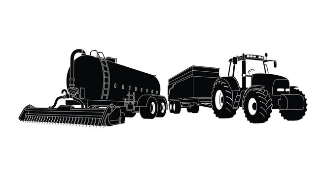A black silhouette depicts a large tractor pulling agricultural equipment across a white background silhouette high quality professional detailed modern elegant