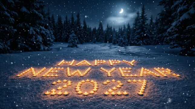 Happy New Year 2027 Text Written with Candles in Snowy Night Forest