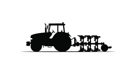 A stark black silhouette of a modern agricultural tractor pulling a plow through farmland a rural scene silhouette high quality professional © CreativeAkash099