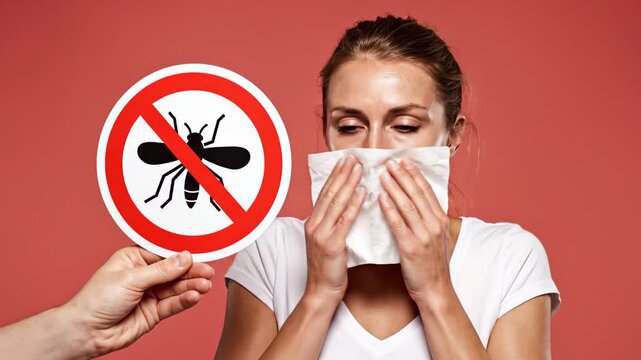 This video shows a woman sneezing into a tissue while someone holds up a warning sign about mosquitos and disease. The sign features a red circle with a slash through a mosquito, indicating