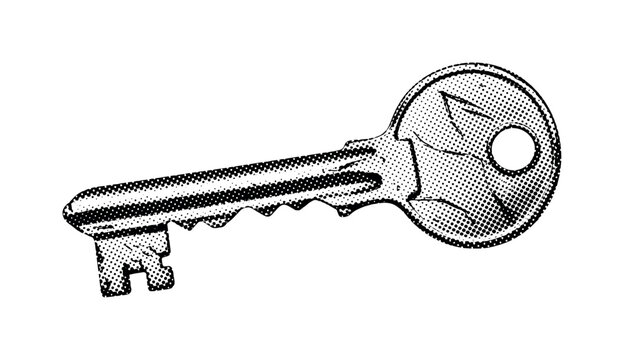 An old skeleton key with scratched surface and grunge patina, isolated in minimal composition, black and white halftone illustration, irregular halftone dot