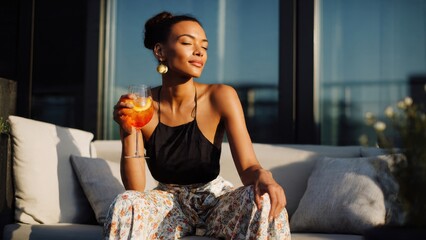 Obraz premium Beautiful young woman enjoying a refreshing Aperol Spritz cocktail on a sunny modern balcony during golden hour, embodying luxury, relaxation, and summer elegance.