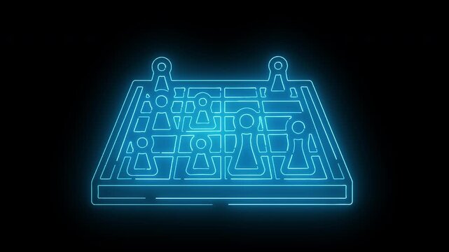 Glowing blue neon outline of a triangular maze with various shapes on a black background with a white border below.