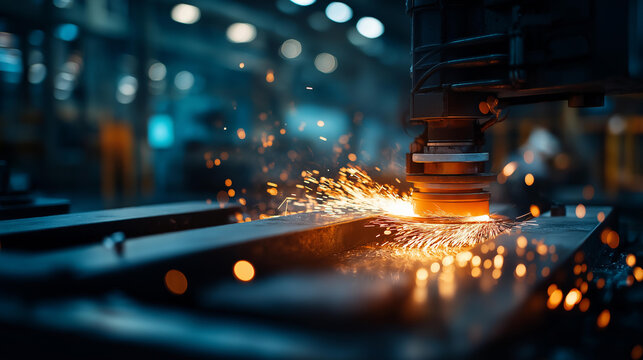 Close up of industrial machinery in dynamic motion showing a cutting disc contacting metal with bright orange sparks spraying outward and flame glow at the contact point metal