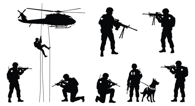 A dramatic black silhouette depicts soldiers a helicopter and a k 9 unit in a tactical operation silhouette high quality professional detailed