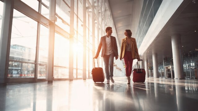 Stylish couple walking with luggage through a brightly lit, modern airport terminal, bathed in warm sunlight, ready for their journey.