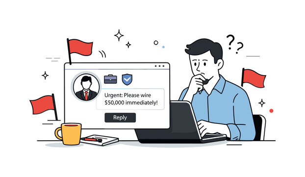 CEO fraud scam. A worker hesitating before responding to an urgent-looking message with a profile icon and fake authority cues. Calm tension, trust questioned,