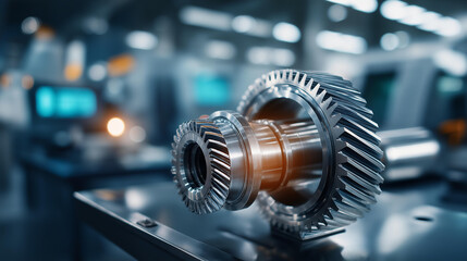 Fototapeta premium Close up of precision machined metal gearbox components including a helical gear and a ground drive shaft sitting on a measurement bench the gear teeth showing mirror polished