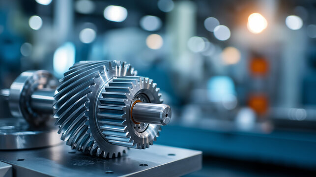 Close up of precision machined metal gearbox components including a helical gear and a ground drive shaft sitting on a measurement bench the gear teeth showing mirror polished