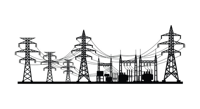 A stark black silhouette of power lines transmission towers and a substation against a white backdrop silhouette high quality professional detailed