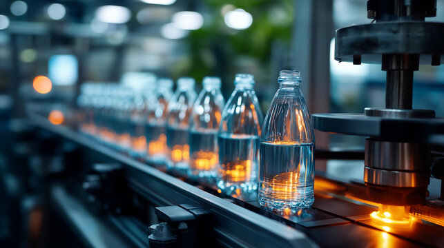 Close up of rows of clear plastic bottles moving through an industrial blow molding production line the bottles showing different stages from preform to fully shaped the mold