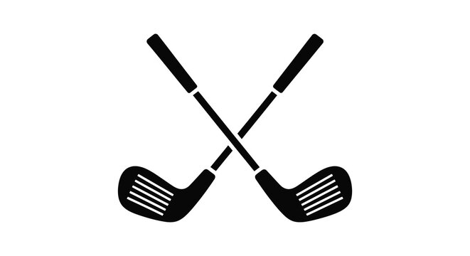 A striking black silhouette depicts two crossed golf clubs representing the sport and leisure activities silhouette high quality professional detailed modern