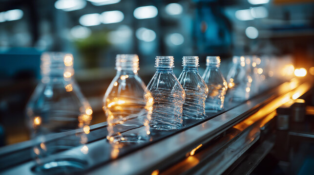 Close up of rows of clear plastic bottles moving through an industrial blow molding production line the bottles showing different stages from preform to fully shaped the mold