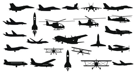 A collection of various military and civilian aircraft depicted as dark silhouettes against a white background silhouette high quality professional detailed © CreativeAkash099