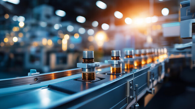 Close up of an automated production line showing a row of identical products moving along a bright conveyor with sensor gates and pneumatic sorting arms the conveyor rollers and