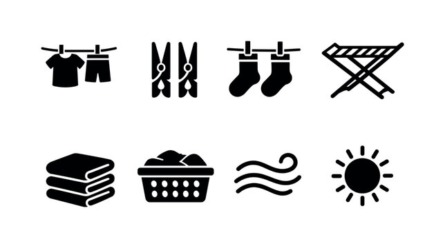 Laundry Drying. Filled icon set of Laundry Drying: clothesline, clothespin, hanging socks, drying rack, folded