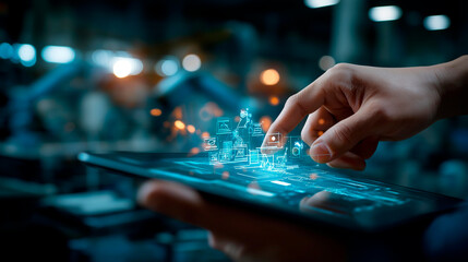 Fototapeta premium Close up of a hands interacting with a transparent holographic factory automation overlay showing connected machine icons production flow arrows and real time output counters