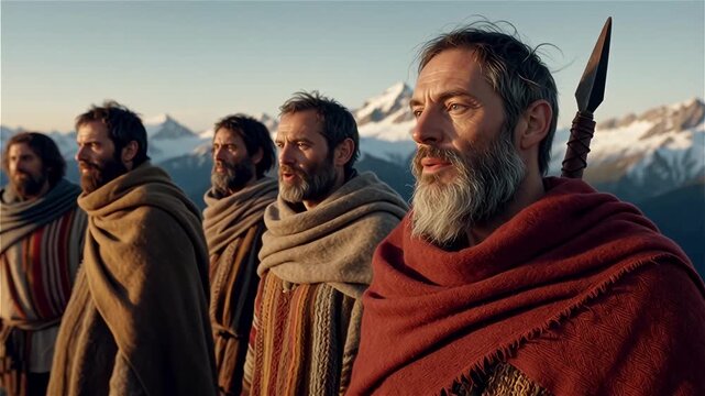 Determined ancient bearded men stand with a spear on a rugged mountain peak overlooking snowy ranges for an epic historical journey concept at sunrise
