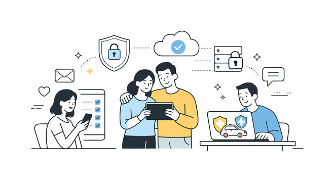 Customer-centric insurtech experience. Clean scene of customers interacting with digital insurance services across devices, supported by secure systems in the