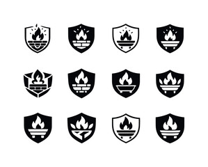 Obraz premium Installing an outdoor fire pit. Icon set. Set Logo of Installing an outdoor fire pit: spark shield. harmonious logo variations of the same emblematic concept,
