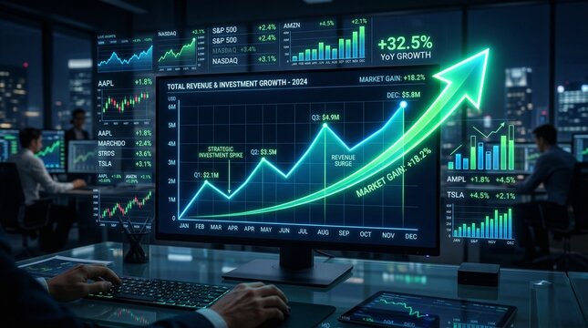 Business professionals analyzing stock market data on computer screens showing revenue growth and investment trends in a modern office