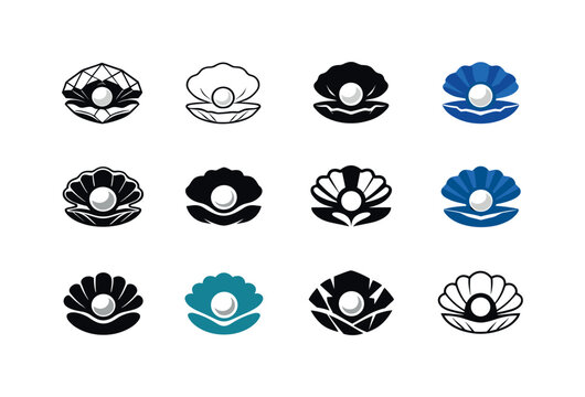 glistening pearls. Icon set. Set Logo of glistening pearls: oyster with pearl. harmonious logo variations of the same emblematic concept, each with different
