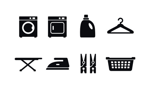 Laundry Care. Filled icon set of Laundry Care: washing machine, dryer, detergent bottle, clothes hanger,