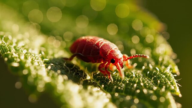 This video features a close-up shot of a red mite crawling across a leaf in a sunlit environment. The mite moves slowly and deliberately, and the leaf is covered in tiny hairs that give it a fuzzy