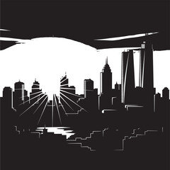 Fototapeta premium Cityscape silhouette with skyscrapers and sunburst through urban landscape featuring black, white, illustration with graphic and vector elements for
