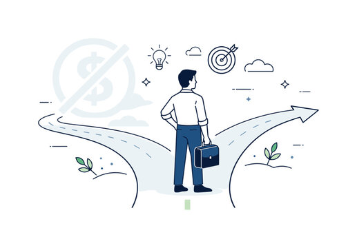 Ethical decision at work. A person calmly choosing a clear path while a crossed-out money symbol fades in the background. The scene suggests moral strength and