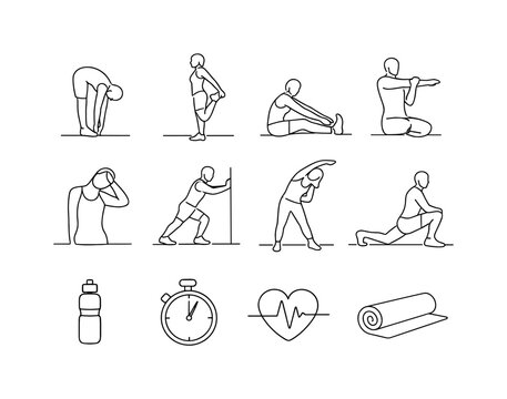 Stretching After Cardio. Minimalistic set one-line drawing person touching toes stretch, standing quad stretch, seated hamstring stretch, arm cross-body