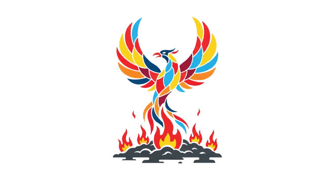 Colorful phoenix rising from flames vector illustration