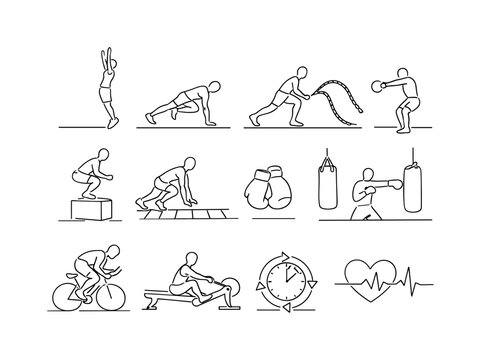 High Intensity Training. Minimalistic set one-line drawing person doing burpees, mountain climber exercise pose, battle ropes, kettlebell swing, plyometric box