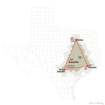 Texas Triangle, a megaregion of the United States, political map with counties. Region containing the five largest cities Dallas, Fort Worth, Houston, San Antonio, and the capital Austin. Vector