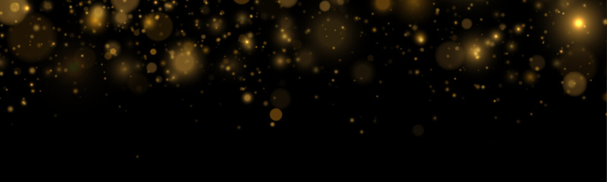 Glittering particles shine in a flowing abstract pattern. Warm golden bokeh creates depth and elegance. The composition feels bright and festive.