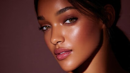 Fototapeta premium Stunning close-up portrait of a beautiful young woman with radiant glowing skin and elegant makeup, exuding confidence and allure.