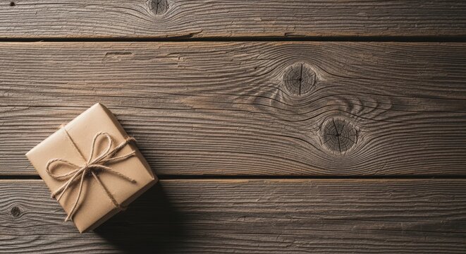 Rustic kraft paper gift box with twine bow, brown cardboard parcel on dark wooden background, eco-friendly holiday present with copy space