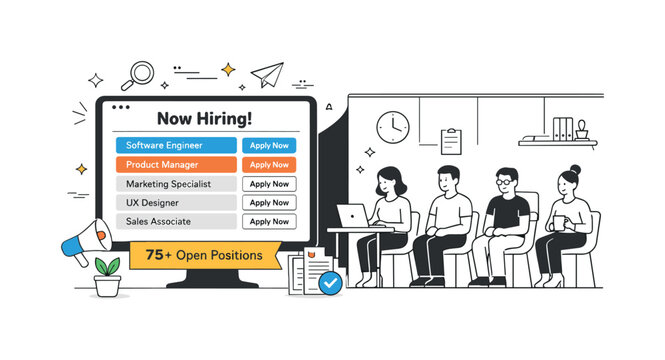 Illusion of hiring growth. A company profile showing many open roles while employees inside appear unchanged and static. Contrast between public signals and