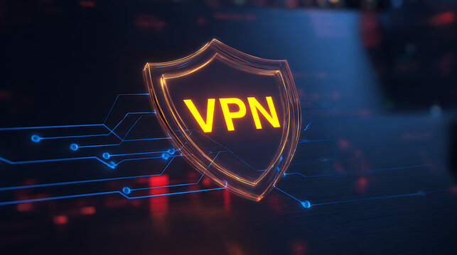 Digital data network security concept with shield icon and virtual private network text on dark background with circuit lines