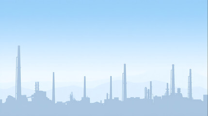 Obraz premium Industrial city silhouette panorama with factory buildings, smokestacks, and power plants against a serene gradient blue sky skyline