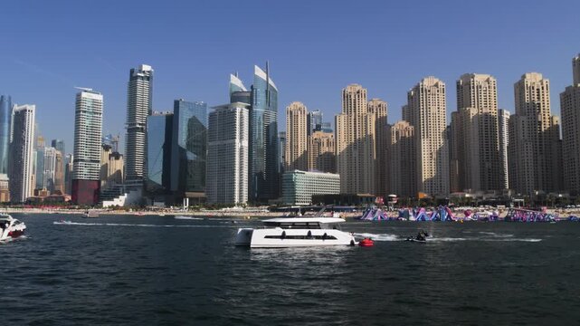 Dubai Marina skyline from Persian Gulf waters in Dubai, United Arab Emirates