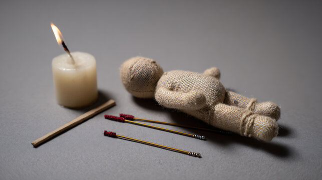 Mysterious doll, candle flame, and ceremonial items evoke an eerie, unsettling atmosphere with dark ritual connotations