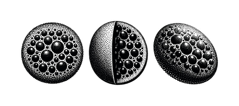 Algae bloom spherical algal colony shown in rounded frontal view, sliced side profile, and tilted perspective as the same bloom with dense internal structure.