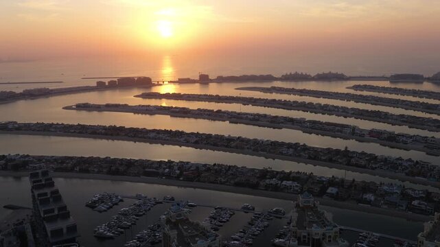 Panoramic sunset view of Palm Jumeirah island in Dubai, United Arab Emirates