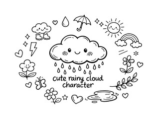 Fototapeta premium cute rainy cloud character. Hand-drawn doodle illustration of cute rainy cloud character. In the middle, one