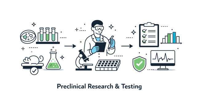 Preclinical research and testing. Editorial illustration of lab samples, test tubes, and data charts connected in a logical flow, representing controlled