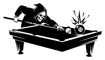 Grim Reaper playing pool with skull cue ball hitting thirteen ball in dark humorous style © Aurora