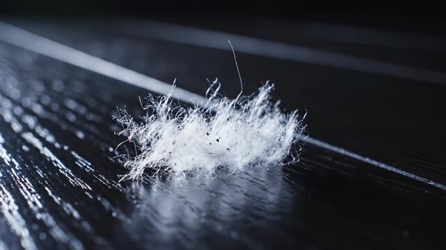 This video shows a small white insect crawling on a dark wooden surface. The insect is tiny and has a fuzzy appearance. The background is blurred, focusing attention on the insect's movement and